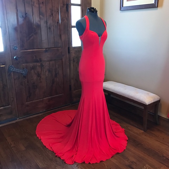 JVN Jovani RED ORANGE Illusion Mermaid Gown #25092 - Picture 3 of 6
